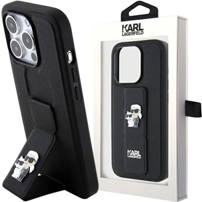 Afbeelding van Karl Lagerfeld Gripstand Saffiano Karl&amp;Choupette Pins hoesje voor iPhone 11 / Xr zwart