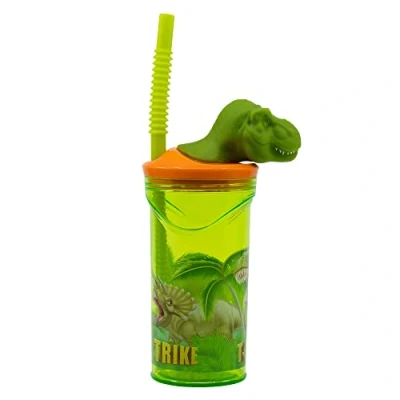 Afbeelding van Stor Herbruikbare beker met rietje en deksel 3D figuur 360 ml inhoud dinosaurussen