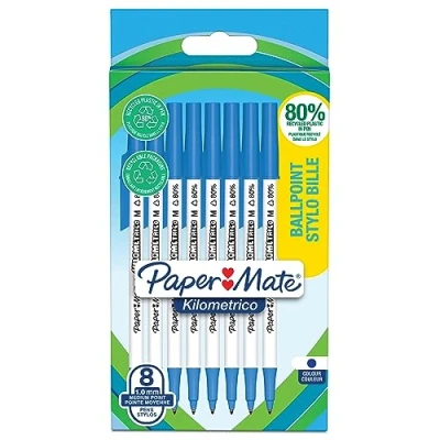 Afbeelding van Balpen Paper Mate Kilometrico Recycled blauw medium blister à 8 stuks