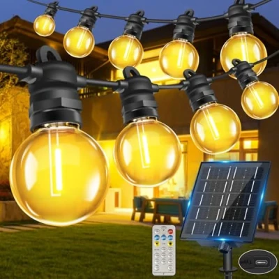 Afbeelding van Bowfar Lichtsnoer op zonne energie voor buiten, 15 m, 25 + 2 G40 lampen, met afstandsbediening, IP68, weerbestendig, 8 tuinverlichtingsmodi, balkon, terras, feest