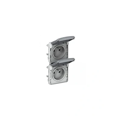 Afbeelding van Legrand 069563 dubbel stopcontact, waterdicht, 2P+T, voorbekabeld, verticaal, plexo, IP55, 16 A, 250 V, grijs