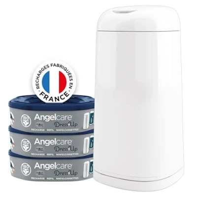 Image de Angelcare Poubelle à Couches + 3 Recharges Anti Odeurs/Grande Capacité Antibactérien Usage Simple Dress Up, Blanc