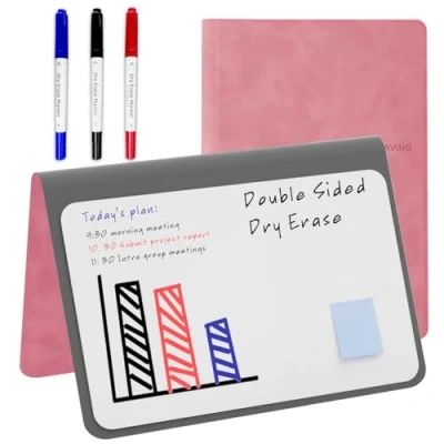 Afbeelding van NEWYES Mini whiteboard, A5 formaat, uitwisbaar, draagbaar, met 3 kleurpennen, geschikt voor het noteren van vergadernotities, boodschappenlijstjes, budget en to do lijsten, roze
