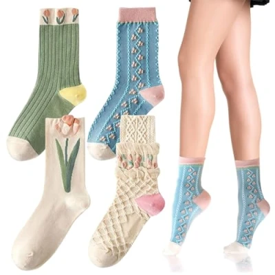 Afbeelding van FUIPVGI Set van 4 paar katoenen sokken met vintage bloemen voor dames, retro geborduurde