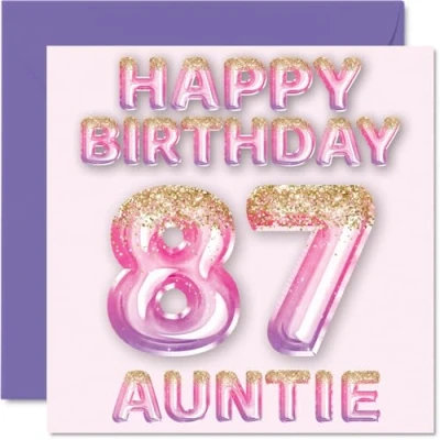 Afbeelding van Verjaardagskaart voor tante 87 jaar, roze en paarse glitterballonnen, verjaardagskaarten jarige van neef nichtje, 145 mm x