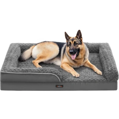 Afbeelding van Feandrea Hondenbed, dierenbed, orthopedisch, honingraatschuim, gevoerde verhoogde randen, afneembare overtrek van pluche met roze motieven, 122 x 89 18 cm, leigrijs PGW254G02