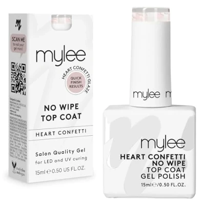 Image de Mylee Vernis à ongles en gel Confettis Coeur Couche de Finition Sans Essuyage 15 ml, UV/LED Nail Art Manucure Pédicure, Usage Professionnel et Domestique, Longue durée, Facile appliquer