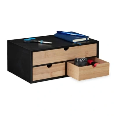 Afbeelding van Relaxdays Bureau organizer met 3 laden, bamboe en MDF, 13,5 x 33 21 cm (h b d), naturel/zwart