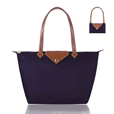 Afbeelding van BOJLY Oxford Dames Vouwen Schoudertas Grote Capaciteit Handtas Nylon Winkelen Opvouwbare Tote Strand Reistas Waterdicht Casual, Donker Paars, S, Eenvoudig, elegant