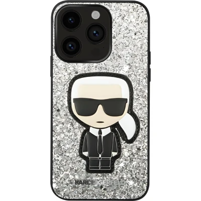 Afbeelding van Karl Lagerfeld, Hardcase Geschikt voor Apple iPhone 14 Pro Glittervlokken Ikonik, Zilveren