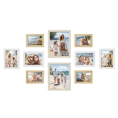 Afbeelding van SONGMICS Set van 10 fotolijsten, twee 20 x 25 cm (8 inch), vier 13 18 (5 7 15 (4 6 PS en MDF, natuurlijk eiken, wolkenwit, beige