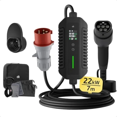 Afbeelding van Elektrische autolader [22 kW, driefasig, 7 m, 6 32 A] dé type 2 CEE stopcontact met houder oplader EV mobiel laadstation/wallbox digitaal display