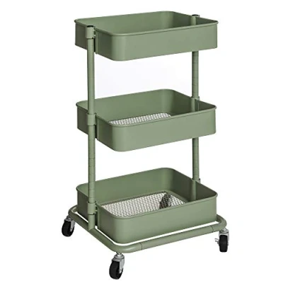 Afbeelding van SONGMICS Trolley met 3 niveaus, serveerwagen, mobiel opbergrek, in hoogte verstelbaar, 2 remmen, eenvoudige montage, voor badkamer, keuken, kantoor, olijfgroen BSC060C01