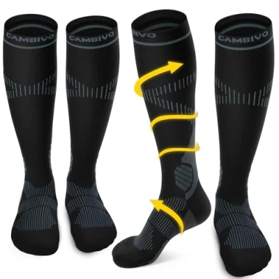 Afbeelding van CAMBIVO compressiekousen voor dames en heren, 2 paar, 15 20 mmHg, hoge bloedsomloop, benen, reizen, vliegtuig, hardlopen, sport, skiën, verpleegster, Zwart/Grijs