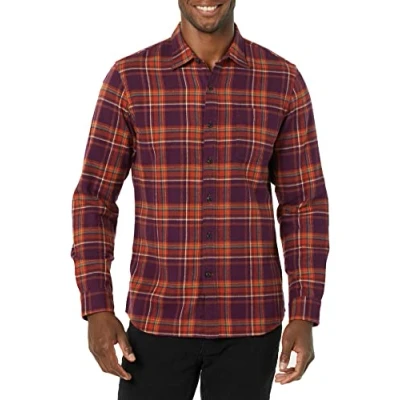 Image de Amazon Essentials Chemise En Flanelle À Carreaux Manches Longues Et Coupe Ajustée (Couleurs Édition Limitée) Men&#039;s, Bordeaux Orange Écossais, S