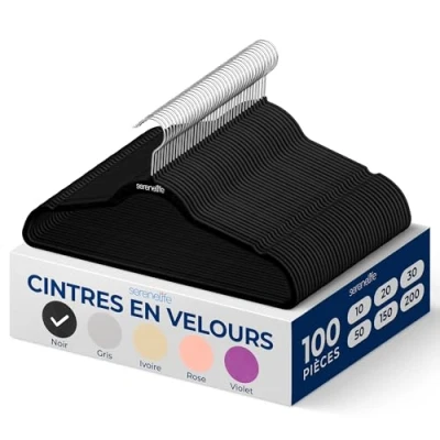 Afbeelding van SereneLife 100 stuks hoogwaardige antislip fluwelen kleerhangers, ruimtebesparend, dun en duurzaam, met 360 graden draaibare metalen haak, jassen, broeken jurken