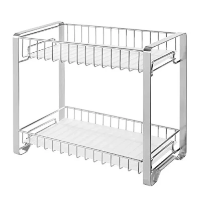 Afbeelding van SONGMICS Kruidenrek met 2 niveaus, metalen keukenplank, kunststof platen, antislipvoetjes, eenvoudig te monteren, voor aanrecht, voorraadkamer, badkamer, keuken, zilver KCS013E01