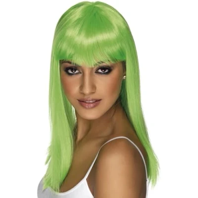 Afbeelding van Smiffys glamoureuze pruik, neongroen, lang haar, glad met pony