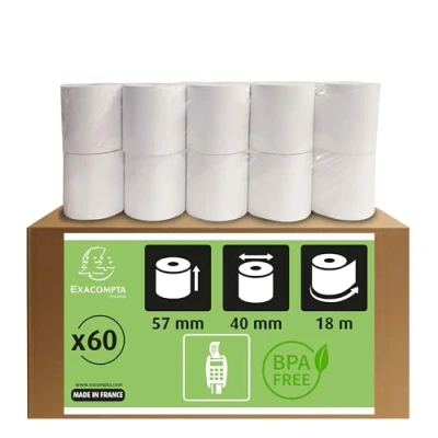 Afbeelding van Exacompta Karton met 60 rollen voor bankkaarten 57x40 mm 1 thermische laag 55g/m2 zonder fenol lange houdbaarheid. Metratie (+ of 2m): 18 m