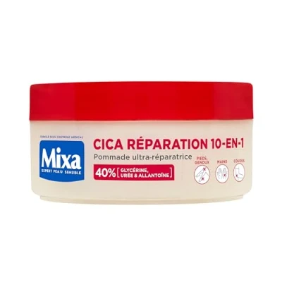 Image de Mixa Expert Peau Sensible Pommade Ultra Réparatrice Cica Réparation 10 en 1 Peaux Extra Sèches et Rugosités Pieds, Genoux, Mains, Coudes 100H d&#039;Hydratation Hypoallergénique 150 ml