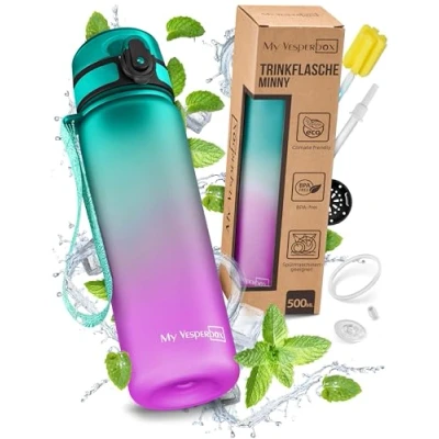 Afbeelding van My Vesperbox Minny Drinkfles voor kinderen, lekvrij, met rietje of zeef, 350 ml, 500 750 lichte tritan waterfles, BPA vrij, kleuterschool, school (paars, groen, ml)