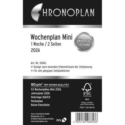 Afbeelding van Chronoplan 50616 kalender 2026 (mini weekplanner (79 x 125 mm), reserve kalender, ideaal voor gedetailleerde weekplanning, 1 week op 2 pagina&#039;s online, met perforatie
