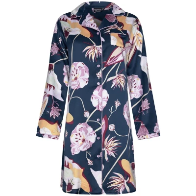 Afbeelding van Chique satijnen doorknoopnachthemd bloemen Blauw Maat 40