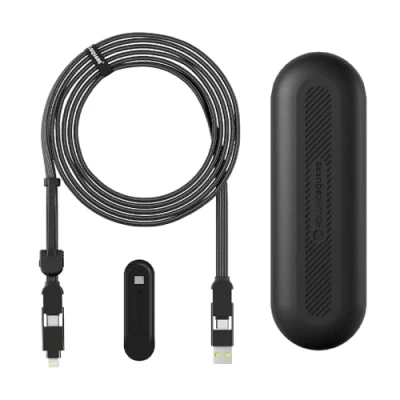 Afbeelding van inCharge Rolling Square XL 300 cm USB C oplaadkabel, Lightning kabel voor smartphone, 6 in 1 universele stekker, zwart, 100 watt
