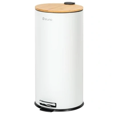 Afbeelding van eluno Pedaalemmer voor de keuken met softclose bamboe deksel en uitneembare binnenemmer van wit kunststof, 30 liter