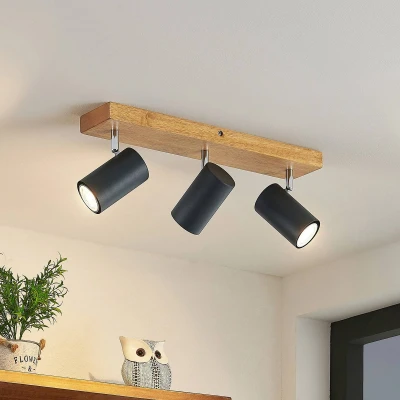 Afbeelding van Lindby buitenspot 3lichts ijzer, rubberhout H: 16 cm GU10 hout licht, zwart, chroom