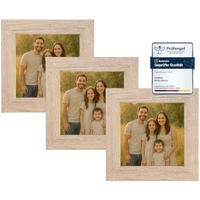 Afbeelding van CABBEL Set van 3 fotolijsten 10 x cm MDF onbreekbaar acrylglas natuur vierkant om neer te zetten of op hangen, modern en stabiel