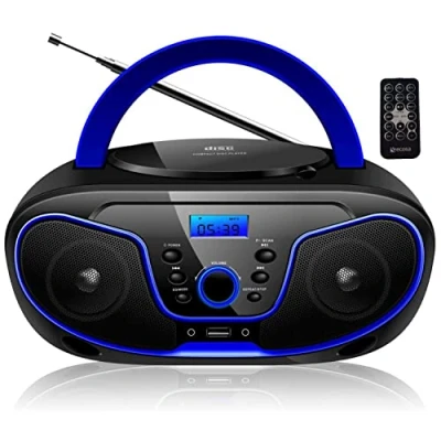 Afbeelding van Draagbare cd speler, boombox, CD/CD R, USB, FM radio, AUX ingang, hoofdtelefoonaansluiting, kinderradio, cd, stereo installatie, compact systeem (donkerblauw)