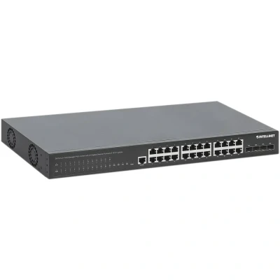 Afbeelding van Intellinet 28 poorts L2+ volledig beheerde PoE+ switch met 24 Gigabit Ethernet poorten en 4 SFP+ uplinks (28 Havens), Netwerkschakelaar, Zwart