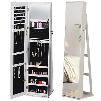 Afbeelding van HOMCOM Sieradenkast met Staande Spiegel Multi opslag LED Verlichting Wit Afm. 38L x 38B H157 cm