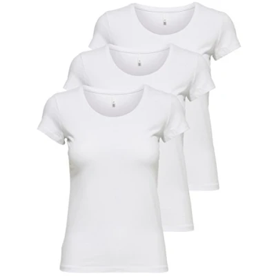 Afbeelding van ONLY 15209153 Basic dames zomer T shirt 3 pack zwart of wit, Wit