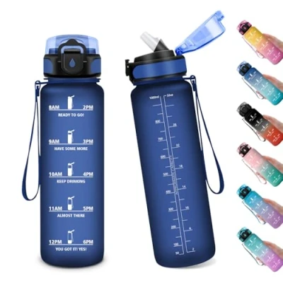 Image de Bouteille d&#039;eau de sport réutilisable en plastique avec paille, pour adulte, gym, vélo, bureau, yoga, école 1 l
