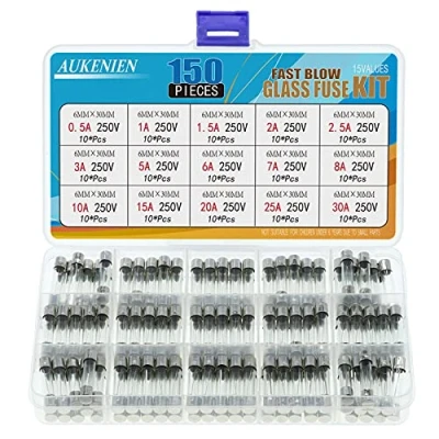 Afbeelding van AUKENIEN 15 waarden 150 stuks 6 x 30 mm 250 V glazen zekeringen 0,5 A 1 1,5 2,5 3 5 7 8 10 20 25 snelsmeltende buis snelblaassortiment