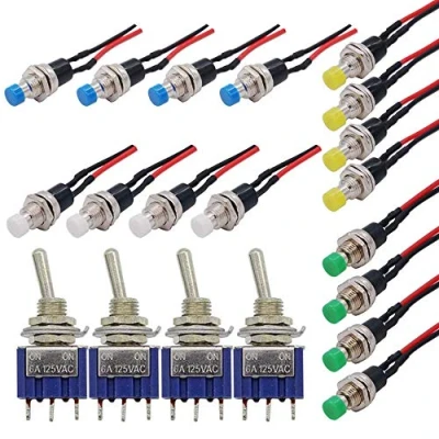 Afbeelding van GTIWUNG 16 stuks 7 mm voorbedrade miniatuur drukknop, SPST mini drukknopschakelaar Momenteel On Off, ronde push schakelaar, 1A 250V AC 2 polig + 6 tuimelschakelaar 125 V A