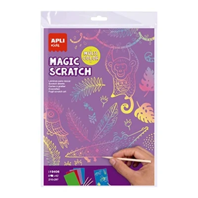 Afbeelding van Apli Kids 19406 Magic SCRATCH veelkleurige kraskaarten 8 krasloten voor het maken van een mooi ontwerp + 4 houten stokjes.
