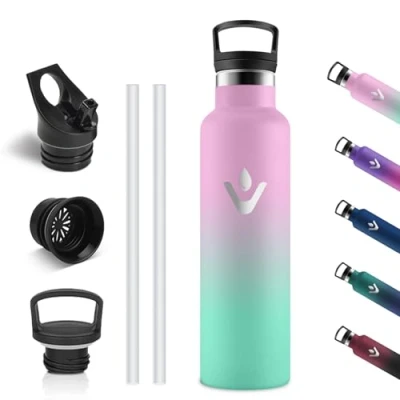 Afbeelding van Vikastar Roestvrijstalen thermosfles, 750 ml, BPA vrij, met rietje voor school, sport, fietsen, kamperen, lichtroze en lichtgroen