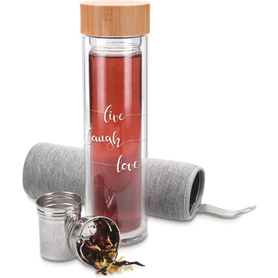 Afbeelding van Navaris glazen theefles met filter 500 ml Waterfles glas Dubbelwandige drinkfles Fles bamboe dop, thee infuser en hoes Live Laugh Love