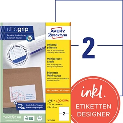 Afbeelding van Avery Zweckform 3655 2, Universele Etiketten, Ultragrip, Wit, 200 Vel, 2 Per Ft 210 X 148 Mm Etiket