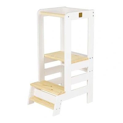 Afbeelding van MeowBaby Montessori leertoren voor kinderen, observatietoren van natuurlijk hout, keukenhulp kleine baby&#039;s, peuters, gemaakt in de EU, wit naturel