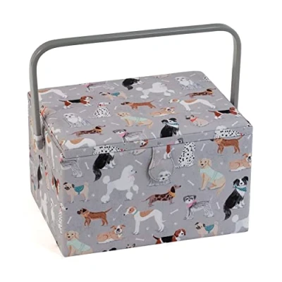 Afbeelding van Hobby Gift Exclusieve grote naaidoos, opbergdoos voor handwerk, accessoiredienblad, pad, handvat van pvc, 23,5 x 31 20 cm, honden grijs