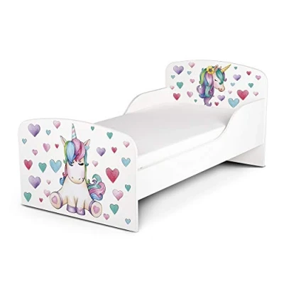 Afbeelding van Leomark Houten kinderbed, bed met matras, prachtige prints, slaapgedeelte 140 x 70 cm, kindermeubels, lattenbodem, vlechtwerk kinderkamer, eenhoorn