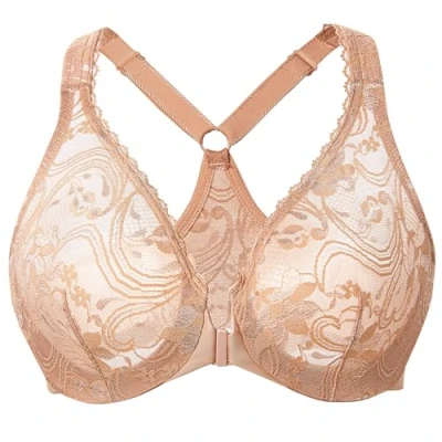 Afbeelding van MELENECA Ongevoerde kanten beha met sluiting aan de voorkant voor dames, Cappuccino, 75D
