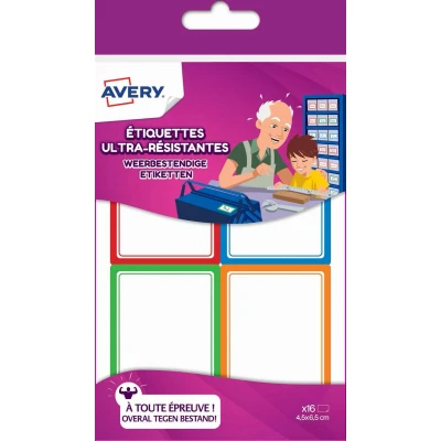 Afbeelding van Avery Family weerbestendige etiketten, ft 4,5 x 6,5 cm, etui met 16 etiketten in geassorteerde kleuren etiket