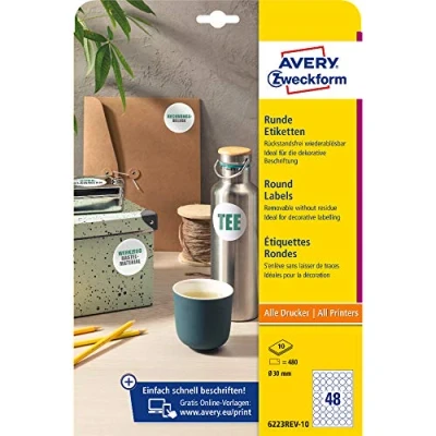 Afbeelding van Avery Zweckform ronde etiketten, diameter 30 mm, wit, afneembaar, 480 10 vellen etiket