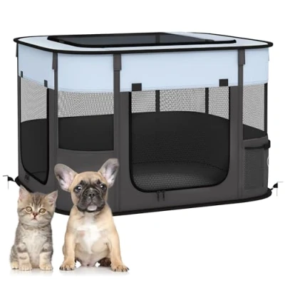 Afbeelding van PawHut Parc pour chiots avec portes, fenêtres, pliable, filet respirant, petits chiens de moins 4 kg et animaux, intérieur extérieur, 74 x 60 45 cm, gris