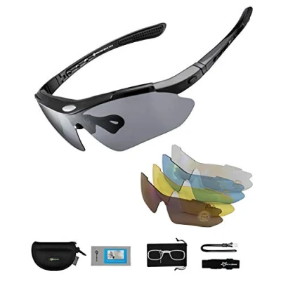 Afbeelding van ROCKBROS Gepolariseerde sportbril voor heren, fietsen, mountainbike, UV400, zonnebril, zwart, vissen, hardlopen, autorijden, met 5 verwisselbare glazen